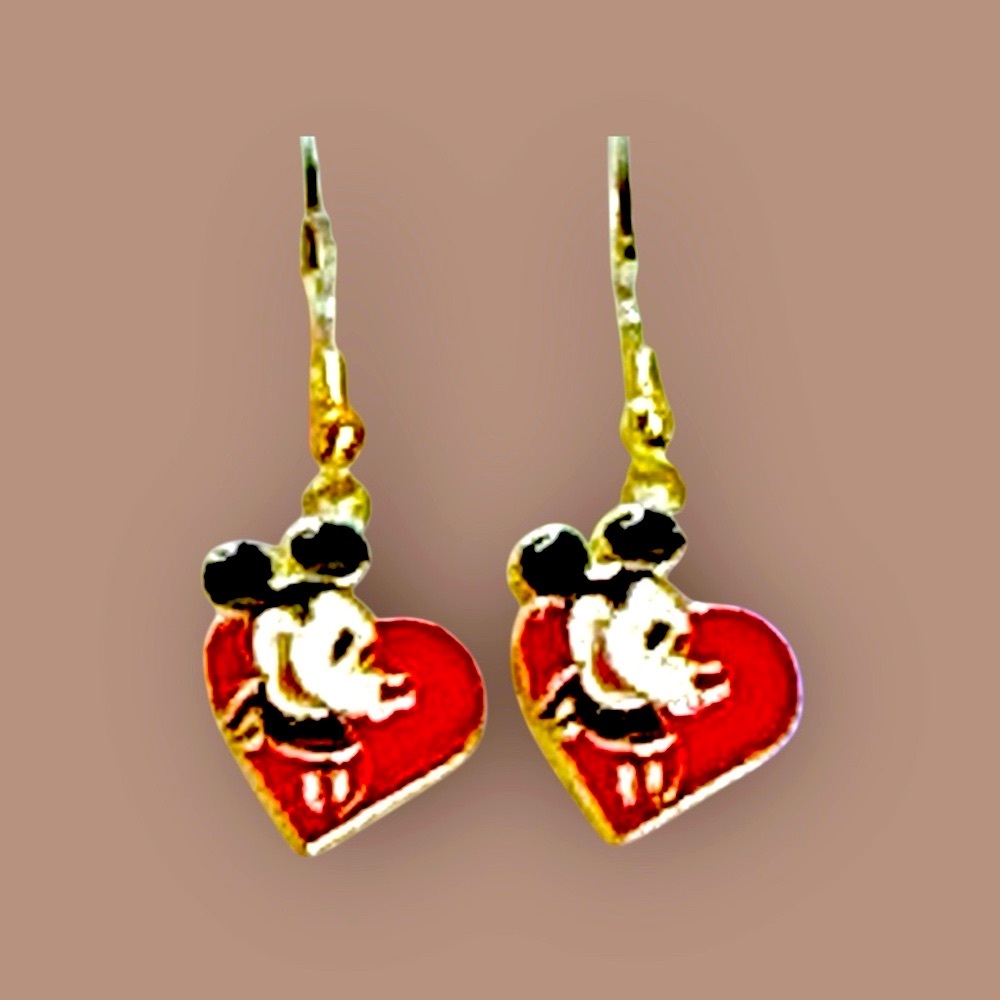 Mickey Mouse Fishhook Heart Dangle Earrings Valentine - Picture 2 of 4